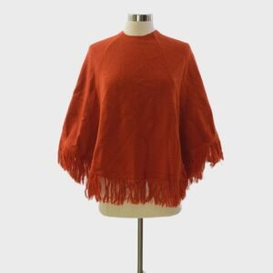 70s Vintage Burnt Orange Poncho Sweater Womens XS/S Fringe Western Boho Cape